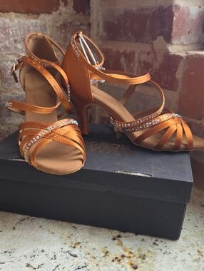 Satin Strappy Dance Heels in Copper with Crystal Accents
